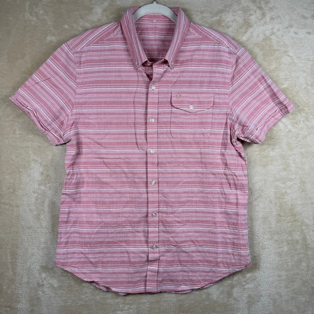 True Religion Mens L Pink White Striped Short Sleeve Button Down Shirt Horseshoe